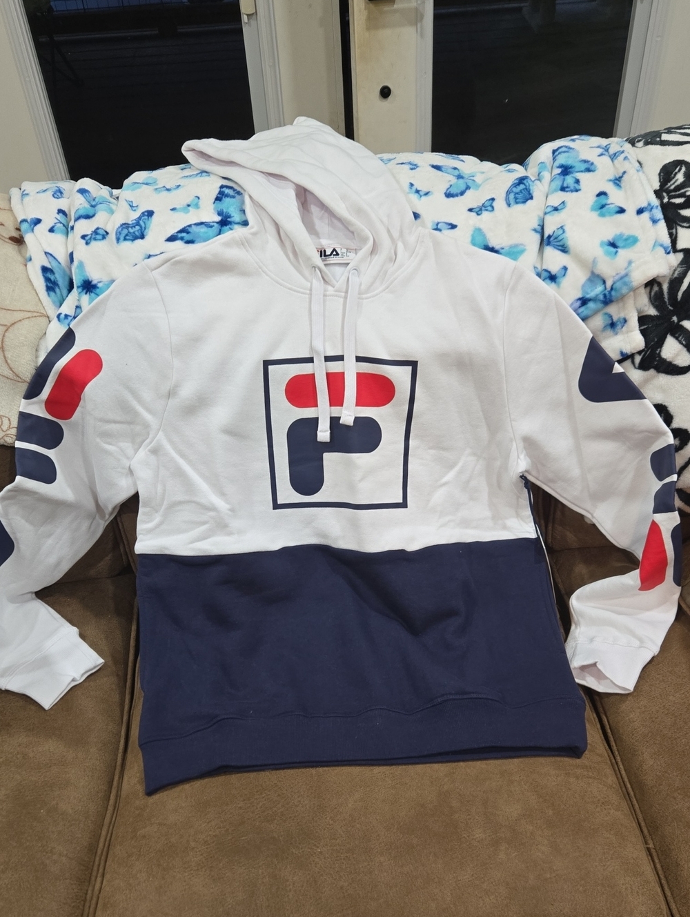 FILA White Navy Colorblock Crewneck Hoodie with Red Logo Accents